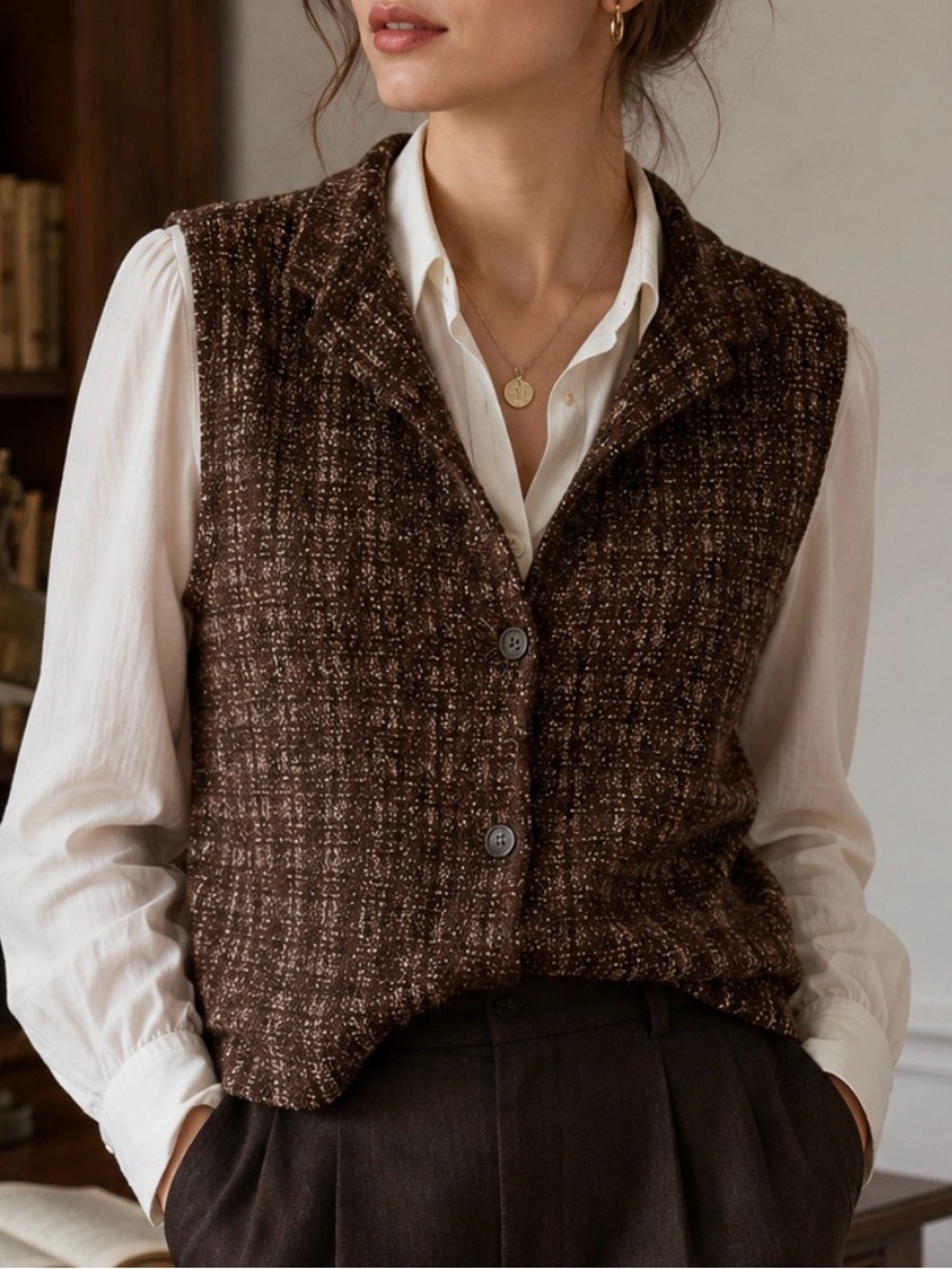 Vintage Crazy Horse Liz Claiborne Brown Button Front Sweater academia Vest XL